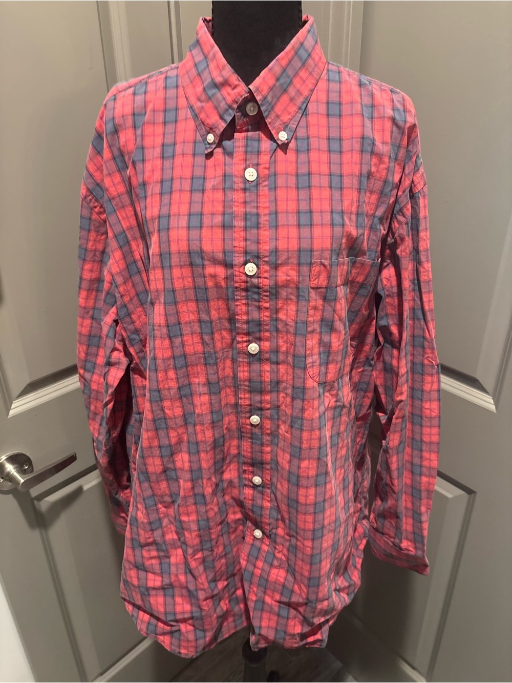 Men's Red and Blue Plaid Button-Down Shirt